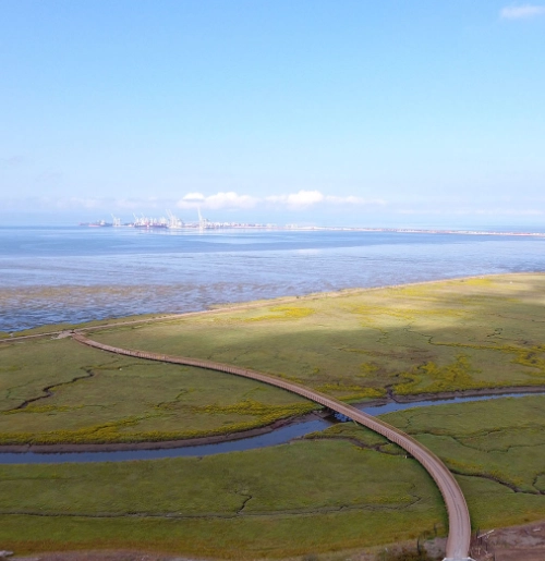 Curving boardwalk through a marshy landscape with a distant industrial port on the horizon.