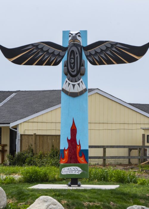 Colorful Totem Pole Eagle Top Flames Bottom Stands A colorful totem pole with an eagle at the top and flames at the bottom stands in a grassy area.