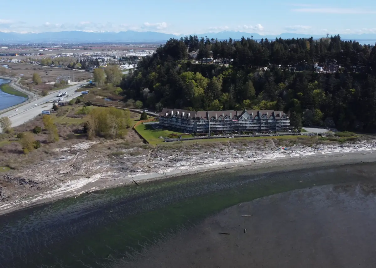 Long Multistory Building Sits Wooded Bluff Overlooking Beach A long, multi-story building sits on a wooded bluff overlooking a beach covered in driftwood.